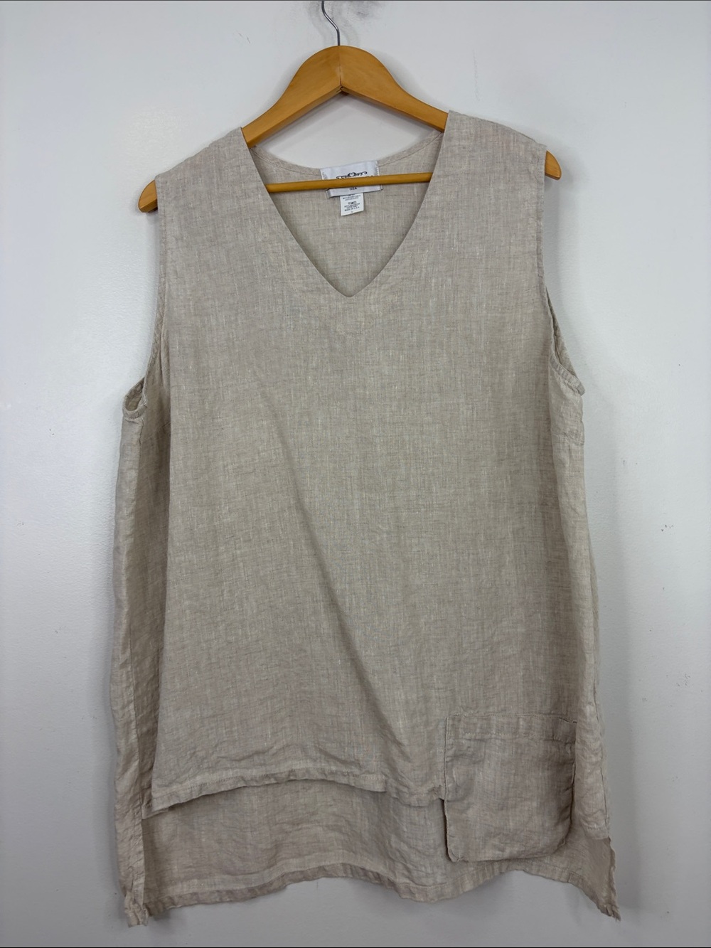 LA Fixsun Linen Top Womens Large Beige Flax Sleeveless V Neck Tunic Pocket Loose